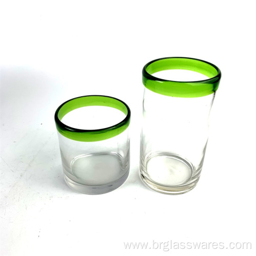 Drinking glass set with green rim decor